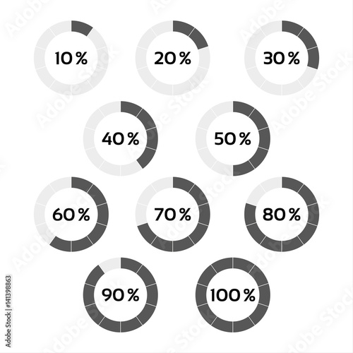 Vector circle diagram, ten steps percentage indicators from 10 to 100 percent, progress indicator for your infographic isolated on a white background