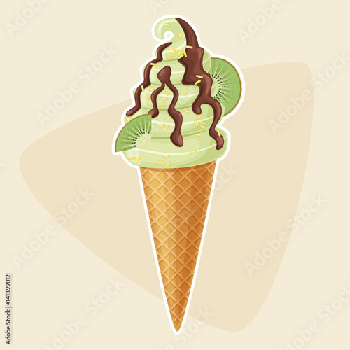 Kiwi flavored ice cream in a waffle cone