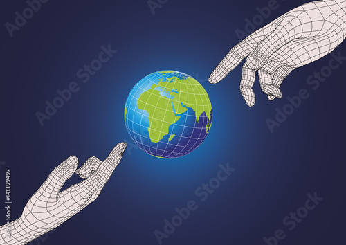 Two human hands pointing to planet earth