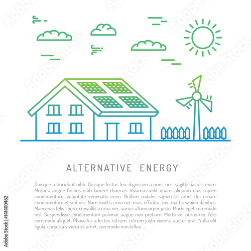 The concept of using alternative renewable energy sources are drawn in a linear style, isolated on white background. The use of wind energy to generate electricity.