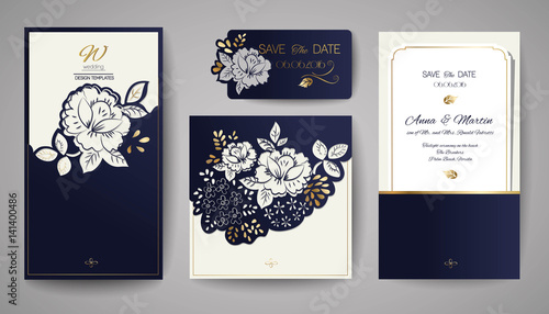 Set of Wedding Floral Invitation. Template for laser cutting. Vector illustration.