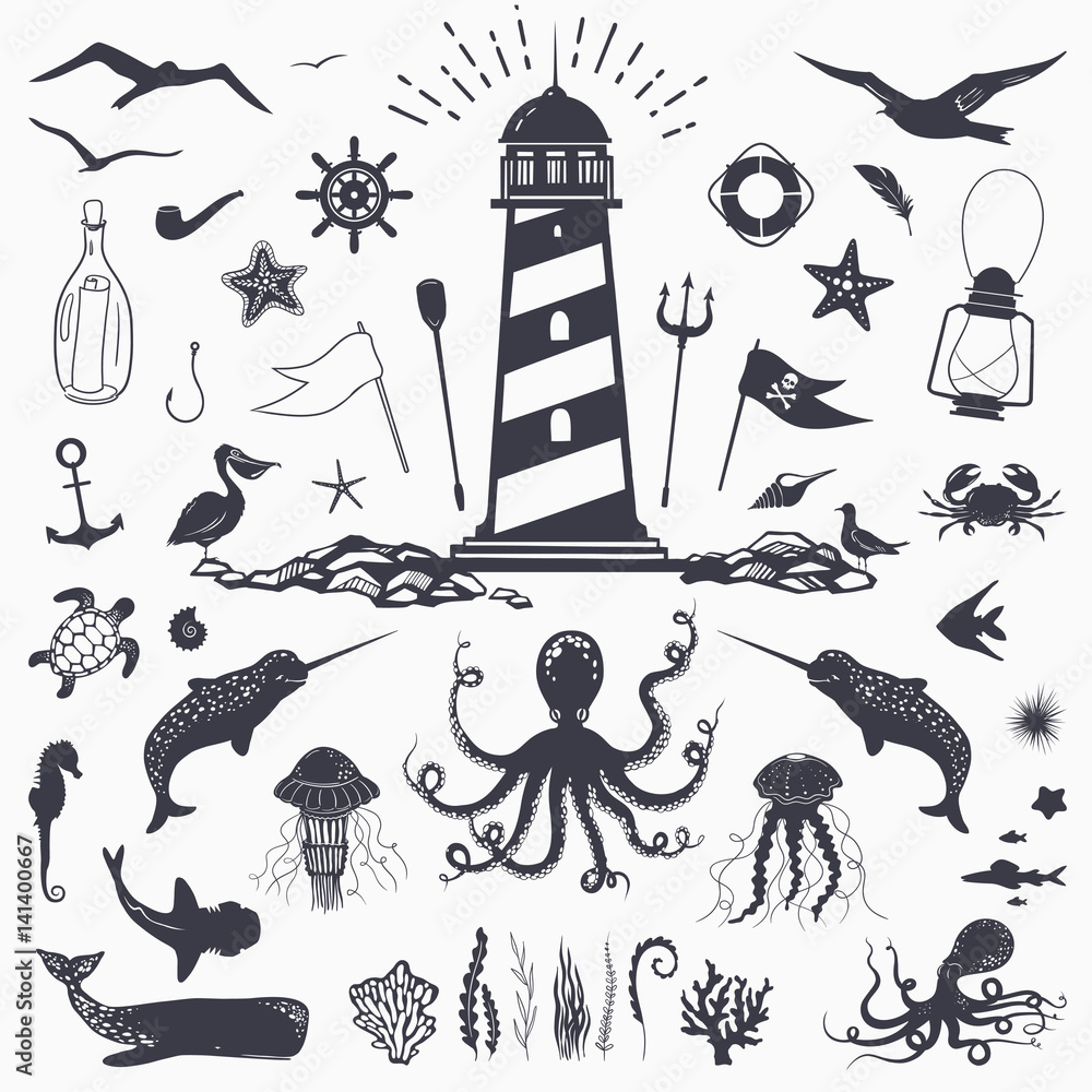 Fototapeta premium Big set of marine animals: cachalot, shark, octopus, jellyfish, starfish, seahorse, crab, seagulls isolated on white vector nautical illustration