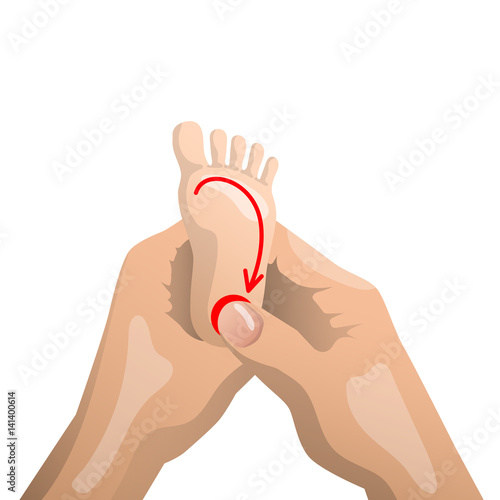 Foot massage, feet of a newborn baby massage thumb, indicating the direction of movement. Inspection, prevention reflexes and therapy