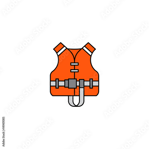 Flat vector icon life jacket in cartoon style isolated on white background. Orange rescue life jacket equipment