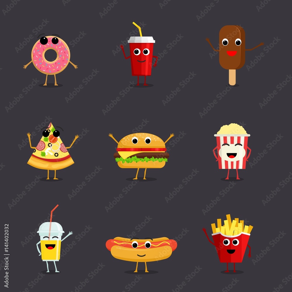 Set of funny fast food characters isolated on background. Cute cartoon  fastfood menu icons in flat style vector illustration. Stock Vector | Adobe  Stock