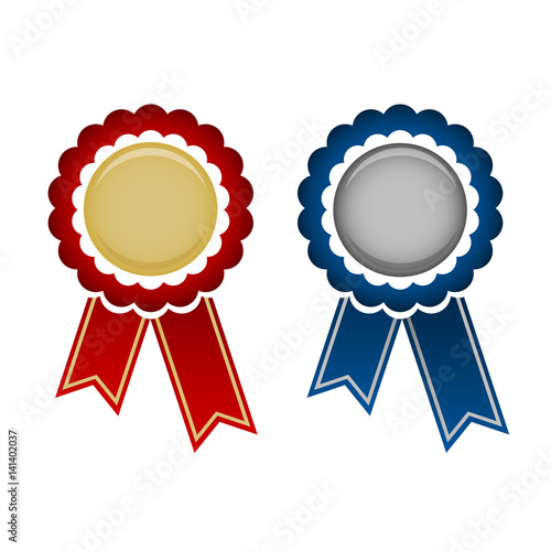 Gold and silver award rosette with red and blue ribbon