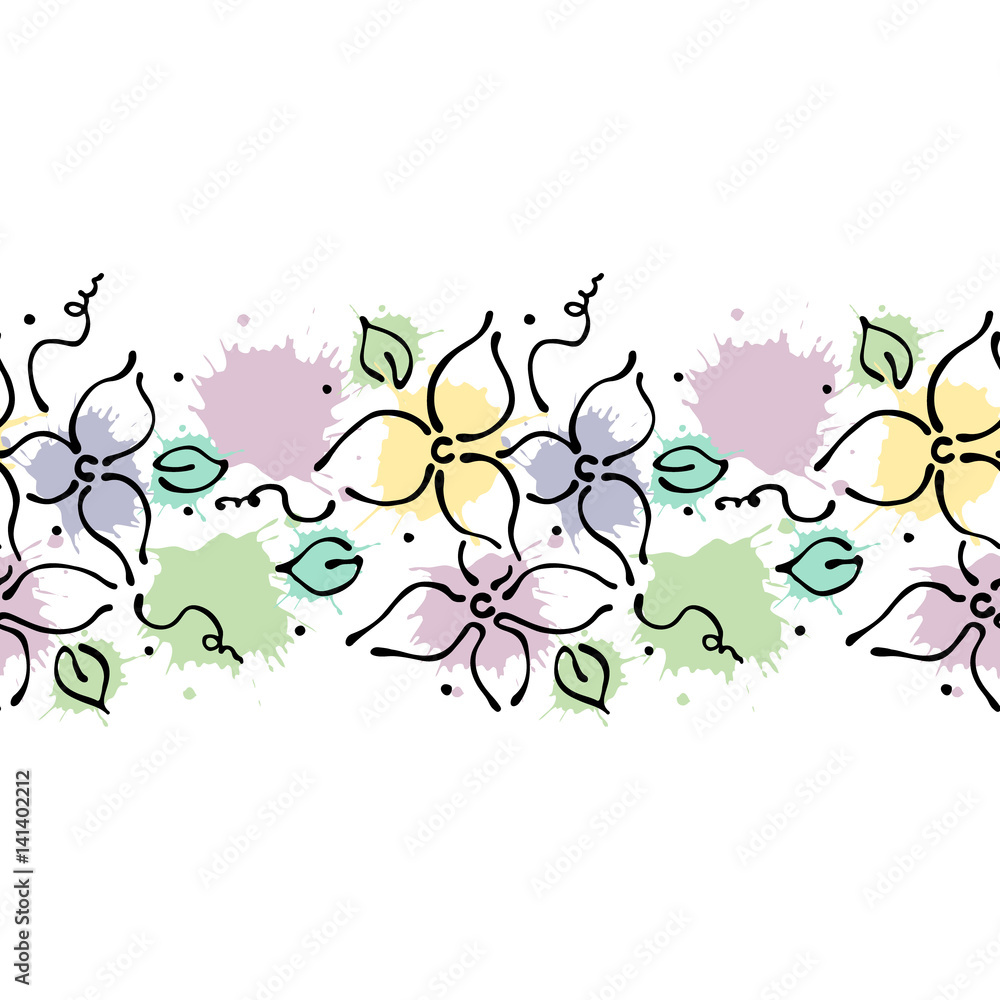 Seamless vector hand drawn floral pattern, endless border Colorful frame with flowers, leaves. Decorative cute graphic line drawing illustration. Print for wrapping, background, fabric, decor, textile