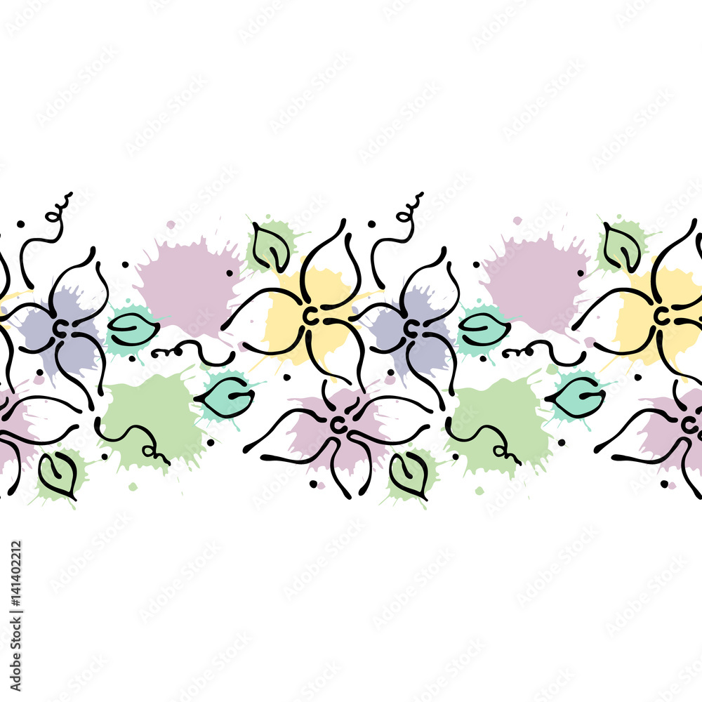 Seamless vector hand drawn floral pattern, endless border Colorful frame with flowers, leaves. Decorative cute graphic line drawing illustration. Print for wrapping, background, fabric, decor, textile Seamless vector hand drawn floral pattern, endless border Colorful frame with flowers, leaves. Decorative cute graphic line drawing illustration. Print for wrapping, background, fabric, decor, textile