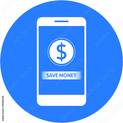 Blue save money and dollars sign design in a flat round button