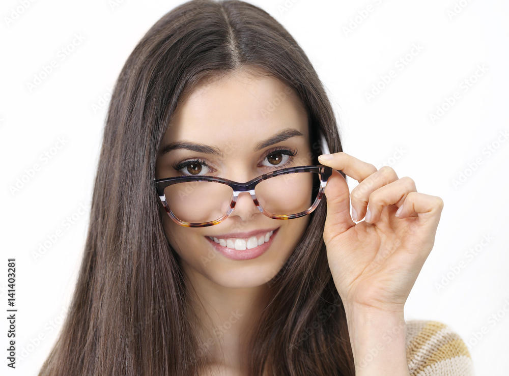 Happy smiling woman in glasses isolated in white background Happy smiling woman in glasses isolated in white background