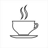 Cup of coffee or tea line icon. Hot beverage mug on saucer and smoke. Vector Illustration