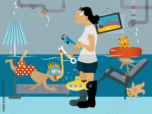 Kid snorkeling in a flooded room, his mother looking at the leaking plumbing, EPS 8 vector illustration