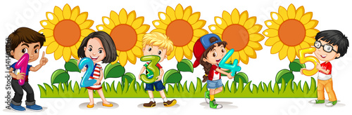 Counting numbers with happy children and sunflowers