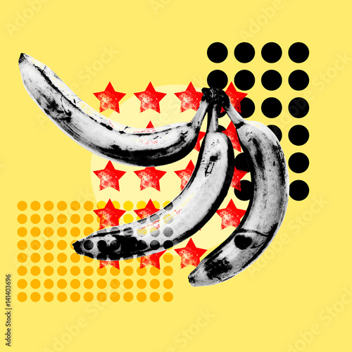 Abstract poster with bananas and elements of modern design in the style of pop art.. photo