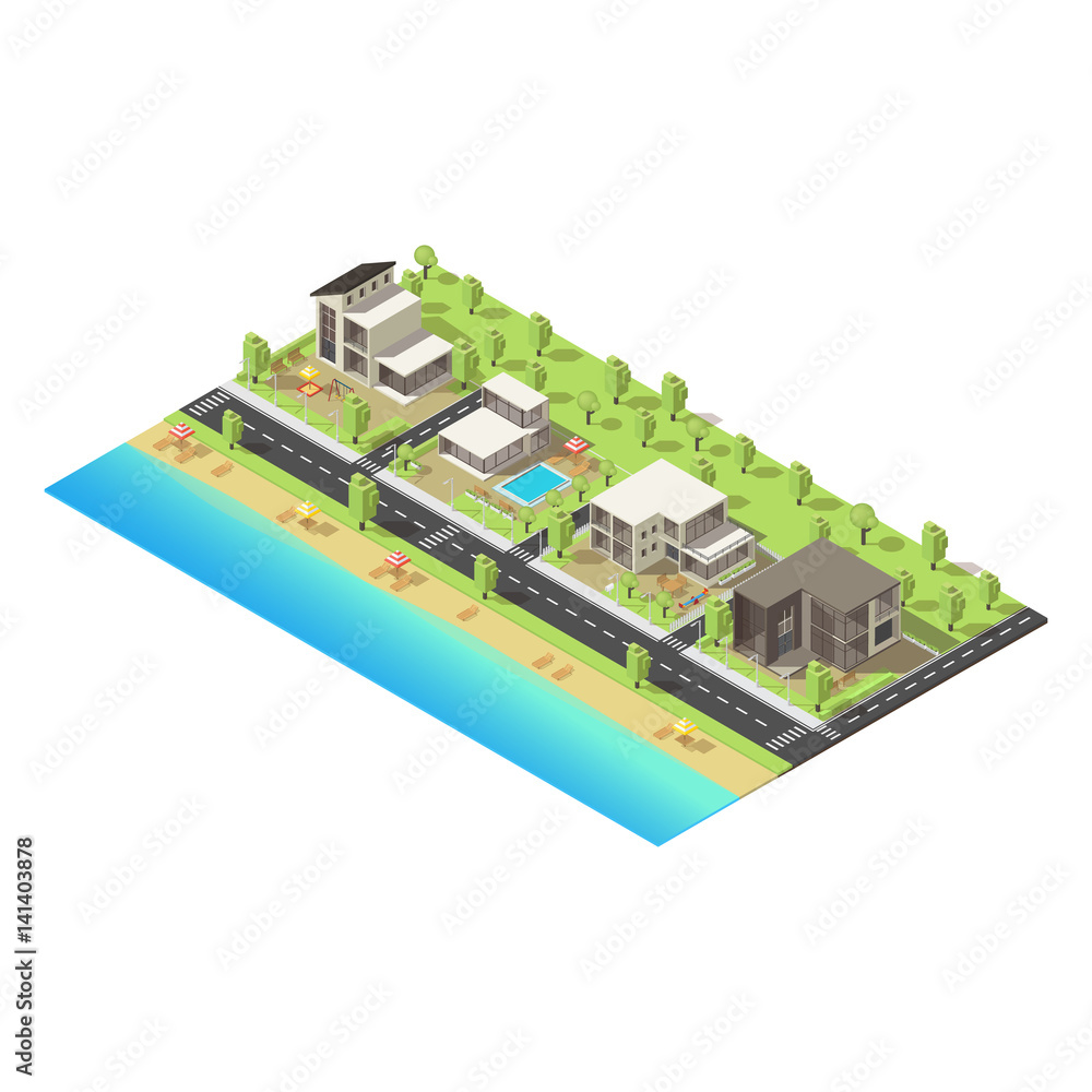 Obraz premium Isometric Coastal Suburban Buildings Concept