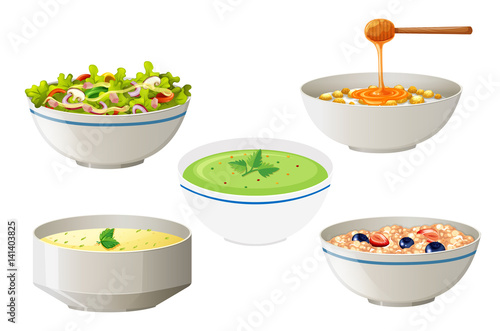 Salad and soups in white bowls