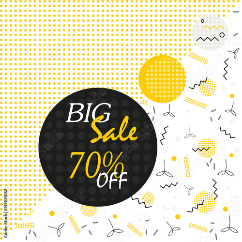 Sale poster with geometric shapes, circles, dots, triangles. Vector background in retro 80s, 90s memphis style.