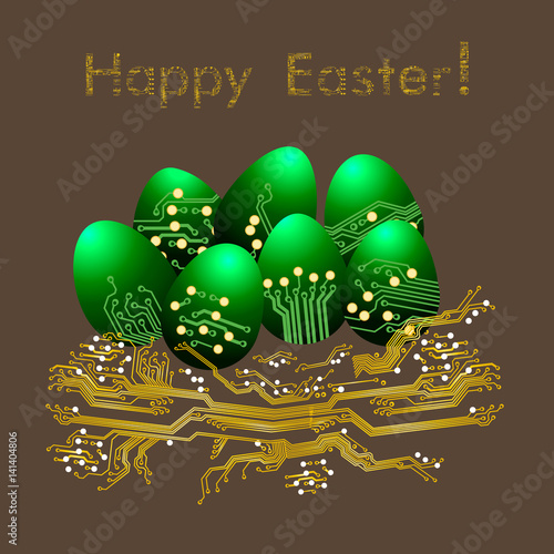 Easter eggs in nest in circuit board style. Happy Easter greeting card. Vector Illustration