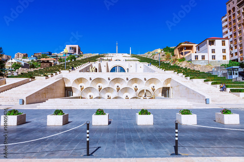 Fototapet Front view of Cascade fountain stair stylized with wine bottles in Yerevan, Arme