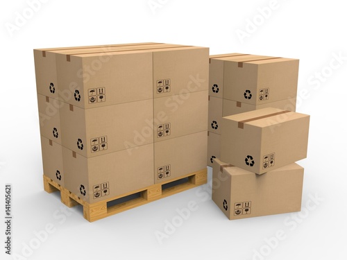 Bild auf Leinwand Wooden palette with cardboard boxes on white background