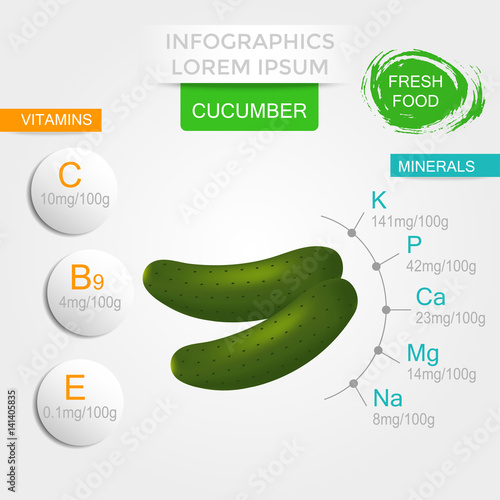 Healthy vegetables infographics with cucumber, vitamins and minerals. Quality vector illustration about diet, eco food, benefits of vegan and nutrition concept.