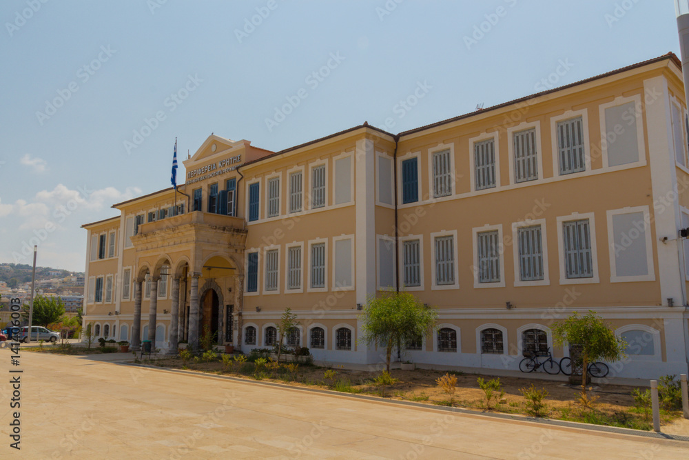 Rethymno, Greece - August  4, 2016:  Building of the Prefecture of Rethymno.