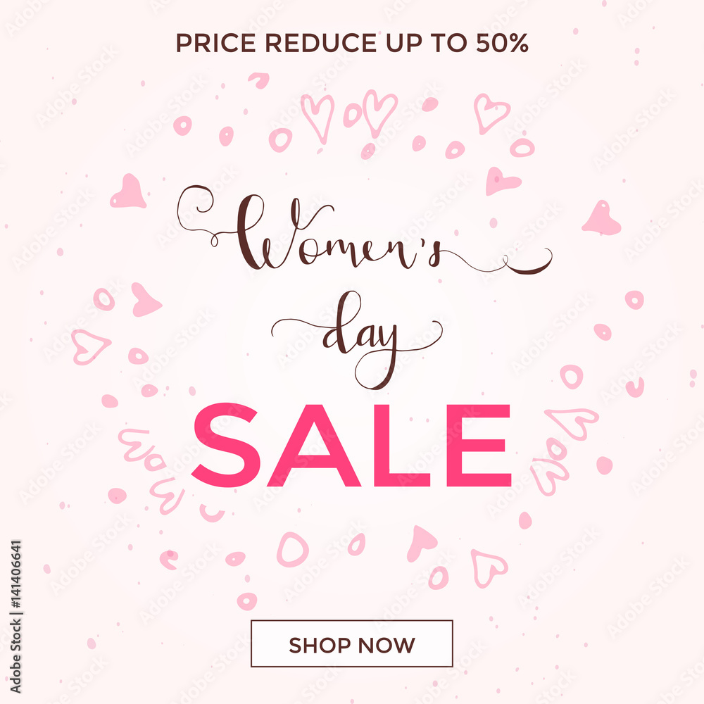 Discount greeting card design - International Happy Women's Day. 8 March holiday background with lettering. Trendy design template for advertising and  sale promotion. Vector illustration.