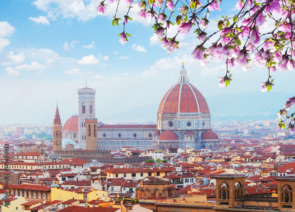 cityline with cathedral church Santa Maria del Fiore at spring day, Florence, Italy