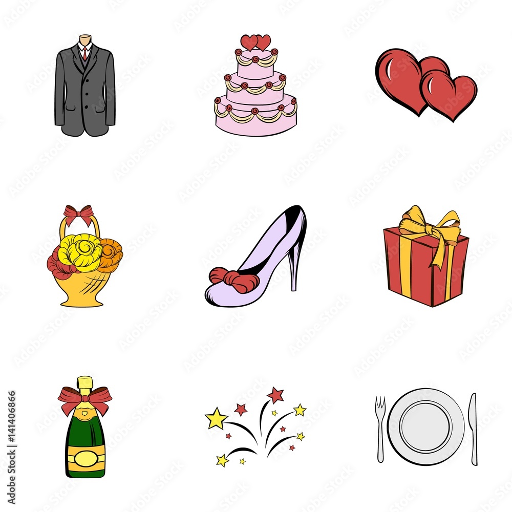 Wedding holiday icons set, cartoon style