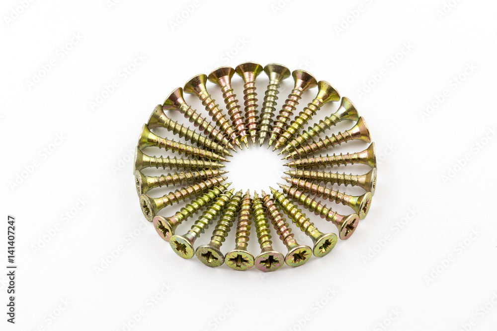 Closeup yellow zinc coated screw isolate on white background. Self