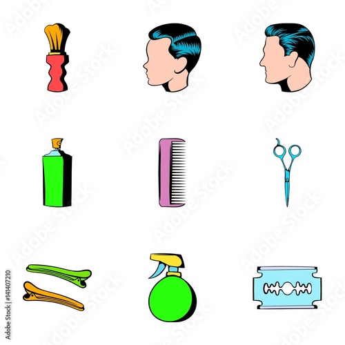 Haircutting icons set, cartoon style