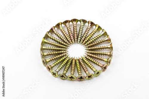 Obraz na płótnie Closeup yellow zinc coated screw isolate on white background