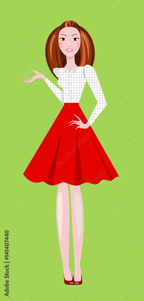 Fashion illustration of girl wearing red skirt and white squared blouse
