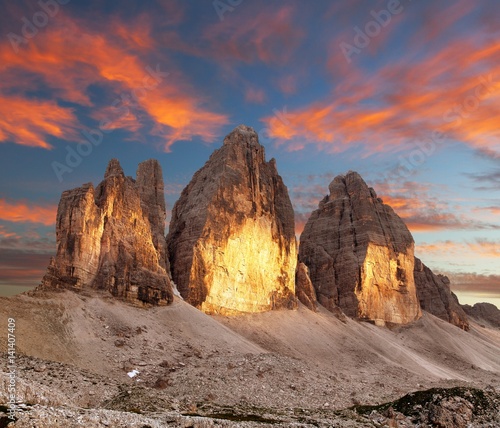 Evening view of Drei Zinnen or Tre Cime di Lavaredo