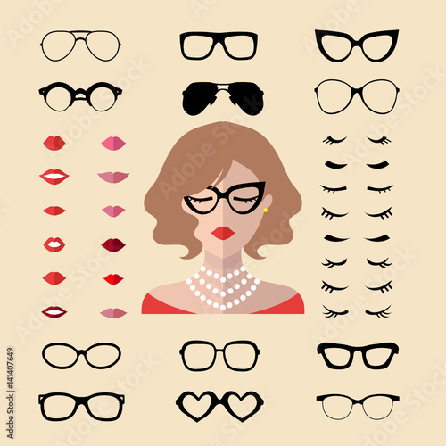 Vector set of dress up constructor with different woman eyelashes, glasses, lips in flat style.Female faces icon creator