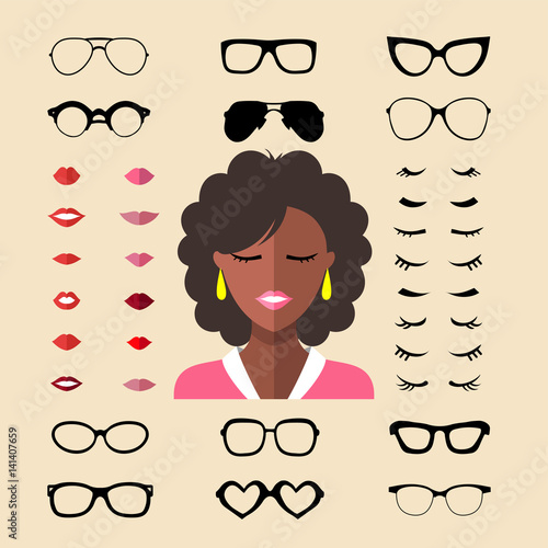 Vector set of dress up constructor with different woman eyelashes, glasses, lips in flat style.Female faces icon creator