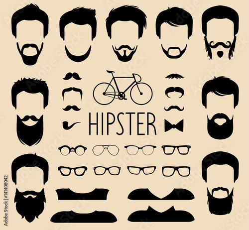 Vector set of dress up constructor with different men hipster haircuts,glasses etc.in flat style. Man faces icon creator