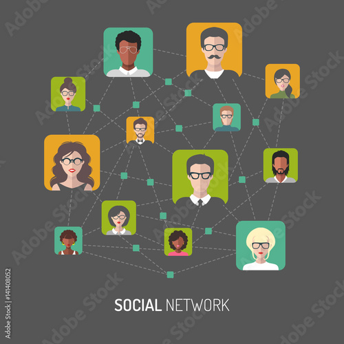 Vector illustration of social network, global people internet connection, men app icons in flat style.
