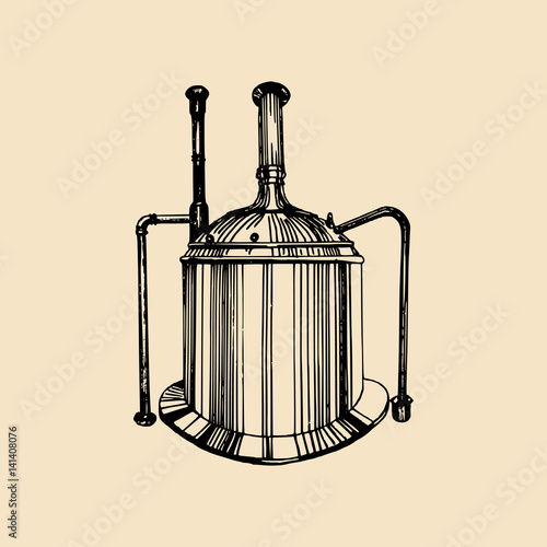 Kraft beer kettle illustration. Old brewery logo. Lager retro sign with hand sketched tank. Vector ale label or badge.