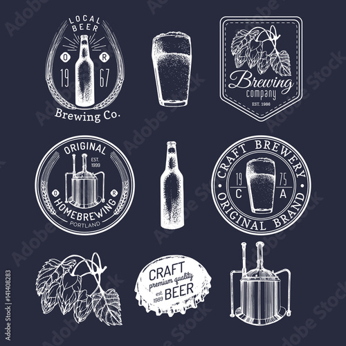 Old brewery logos set. Kraft beer retro signs with hand sketched glass, barrel etc. Vector vintage homebrewing badges.