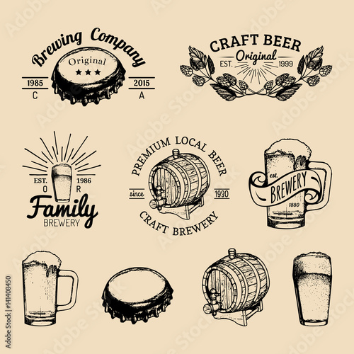 Old brewery logos set. Kraft beer retro signs with hand sketched glass, barrel etc. Vector vintage homebrewing badges.