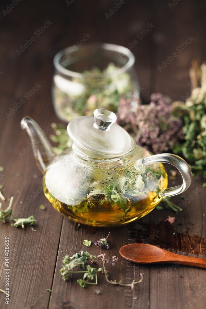 Same dried herbs ready to breawing in kettle for medicine tea Same dried herbs ready to breawing in kettle for medicine tea