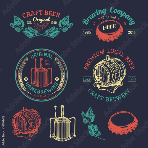 Old brewery logos set. Kraft beer retro signs with hand sketched glass, barrel etc. Vector vintage homebrewing badges.