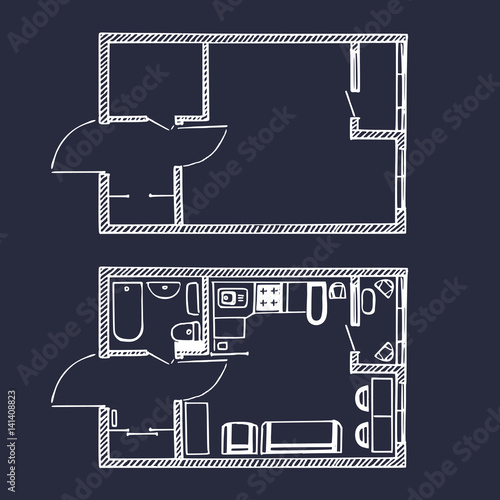 Vector small apartment's floor plan in sketch style. Rooms top view with and without furniture.