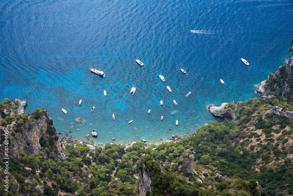 Top view of the boats at Capri Island coast