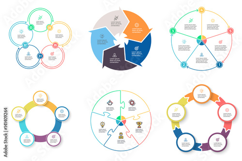 Business infographics. Diagrams with 5 steps, options. Vector pie charts.