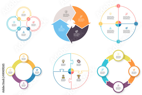 Business infographics. Diagrams with 4 steps, options. Vector pie charts.