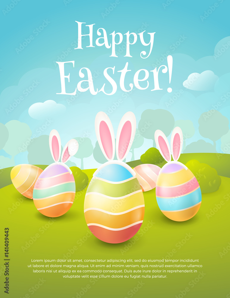 Fototapeta premium Vector greeting card with title “Happy Easter!”. Cartoon spring scene with cute colored eggs and ears of a bunny. Holiday background with trees, bushes and place for text.