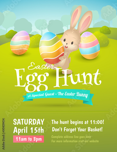 Vector poster for Easter Egg Hunt with colored eggs and cute bunny in field. Cartoon spring scene with trees and bushes. For holiday flyers and banners design.
