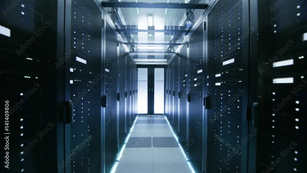 Moving Backward Dolly Shot of a Working Data Center With Rack Servers. Shot on RED EPIC-W 8K Helium Cinema Camera. Moving Backward Dolly Shot of a Working Data Center With Rack Servers. Shot on RED EPIC-W 8K Helium Cinema Camera.